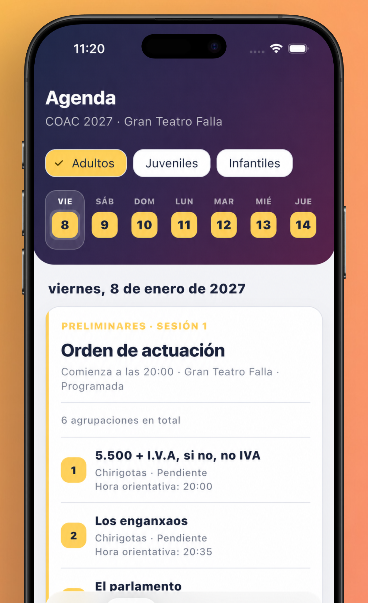 Pantalla de Agenda de Comando Carnaval con las fechas de preliminares y el orden de actuación de una sesión