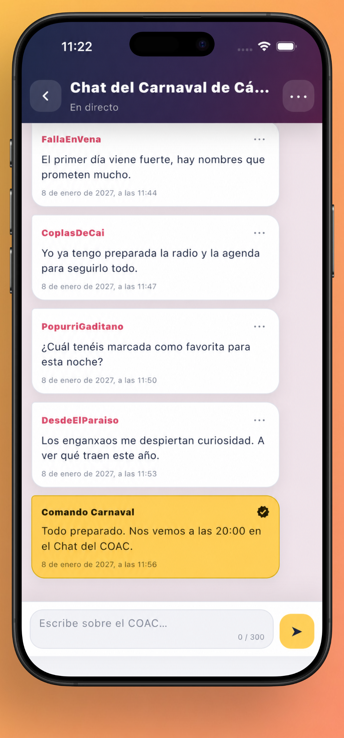 Chat público de Comando Carnaval en un iPhone, con mensajes de aficionados y un aviso oficial destacado