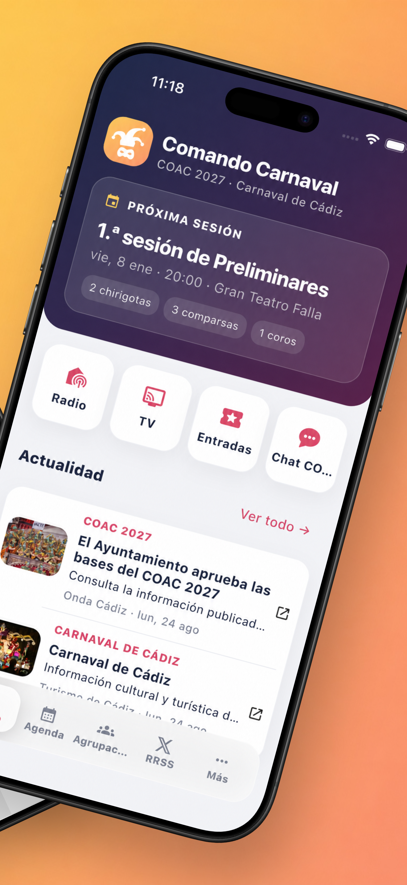 Pantalla de Inicio de Comando Carnaval en un iPhone, con la próxima sesión, accesos a radio, televisión, entradas, chat y noticias