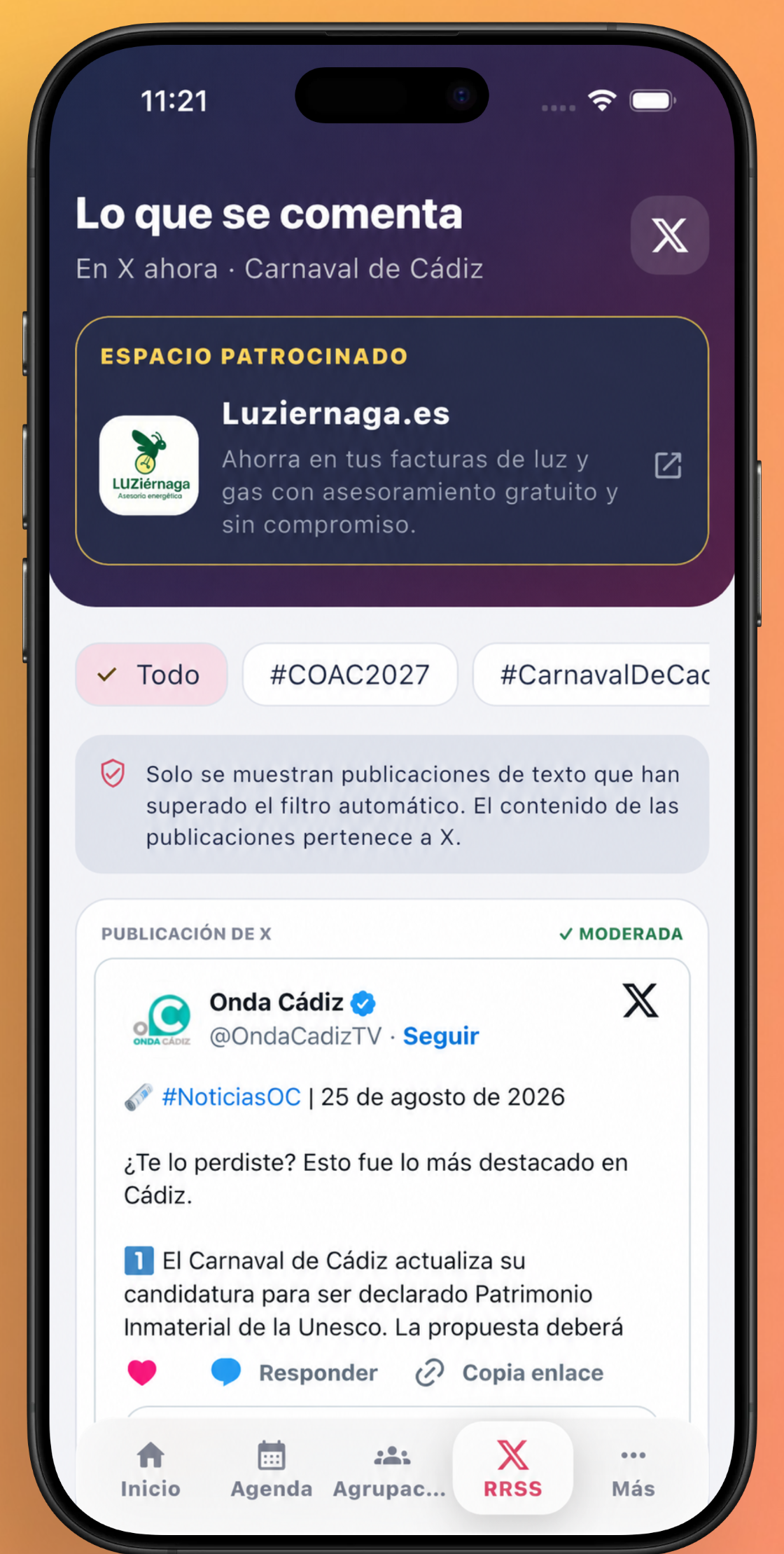 Pantalla de publicaciones de X en Comando Carnaval, con filtros por etiquetas y contenido moderado