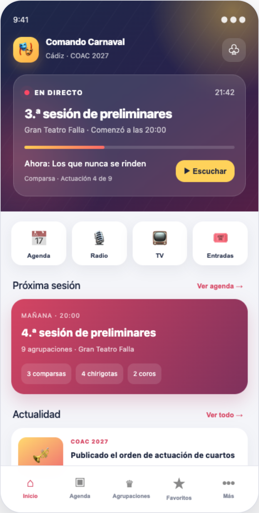 Pantalla de inicio de la app Comando Carnaval